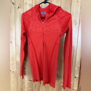 Athleta Orange Patterned Hooded Quarterzip Size Small